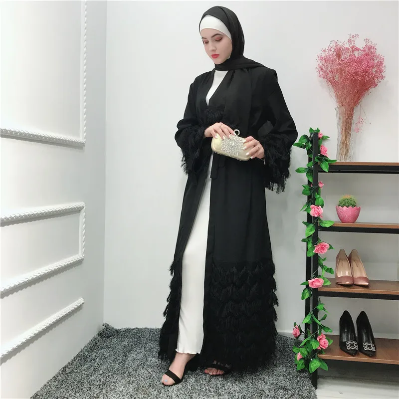 Open Abaya Tassel Patchwork Jilbab Women Muslim Long Cardigan Maxi Dress Dubai Kaftan Robe Islamic Arab Kimono Ramadan Dresses |