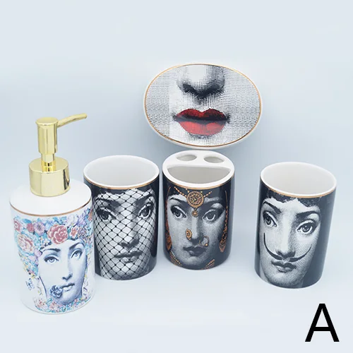 5 PCS SET A Милан Стиль Fornasetti Зубная щётка стаканы мыльница Ванна бутылка шампуня Благородный Золотой Край Ванная комната поставки бар отеля Применение - Цвет: 5 PCS SET A
