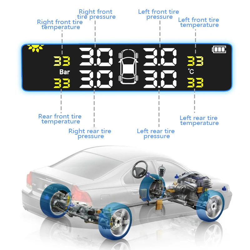 Солнечный автомобиль шины Давление монитор TPMS автомобильных шин Обнаружение