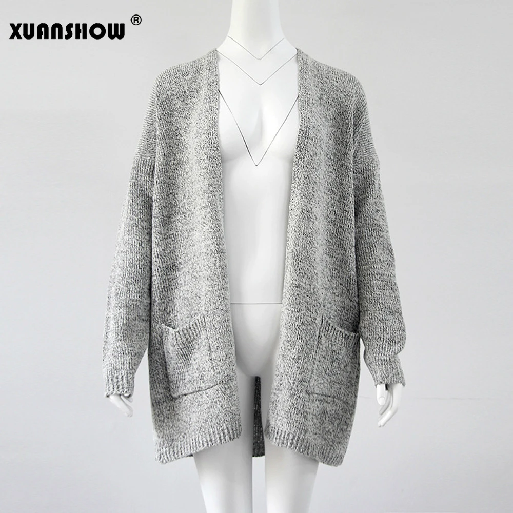 Gray XUANSHOW Sueter Mujer Invierno осенний Однотонный женский длинный кардиган, хлопковый Свободный вязаный свитер с открытой строчкой размера плюс 5XL - Цвет: Gray