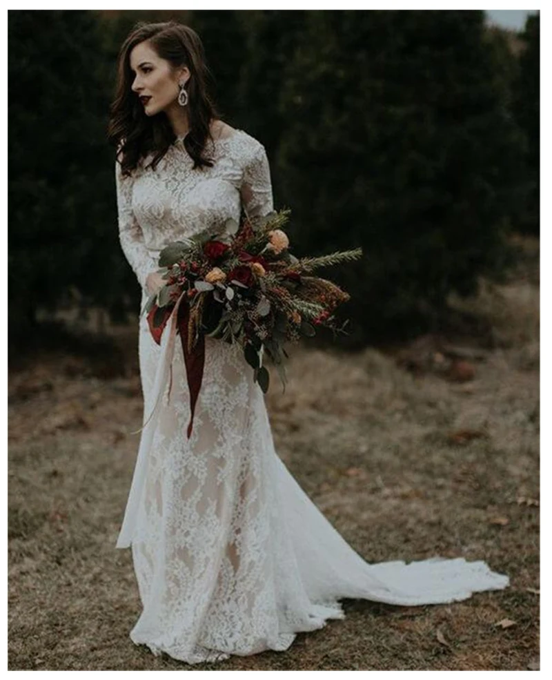 

SOFUGE Boho Wedding Dresses Long Sleeve Appliques Lace inside Satin Outside Button Back Princess Bride Dress Wedding Gown