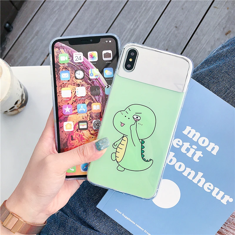 Роскошный зеркальный чехол для iPhone7 6 6S 8 Plus X XR XS Max с милым мультяшным динозавром