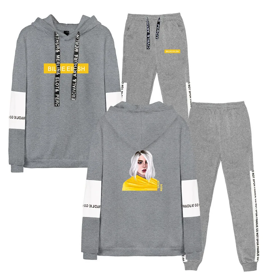 Billie Eilish/мужские комплекты с принтом Повседневная куртка с капюшоном для мужчин и женщин, спортивный костюм из 2 предметов, спортивные толстовки, толстовка, штаны, костюм для бега