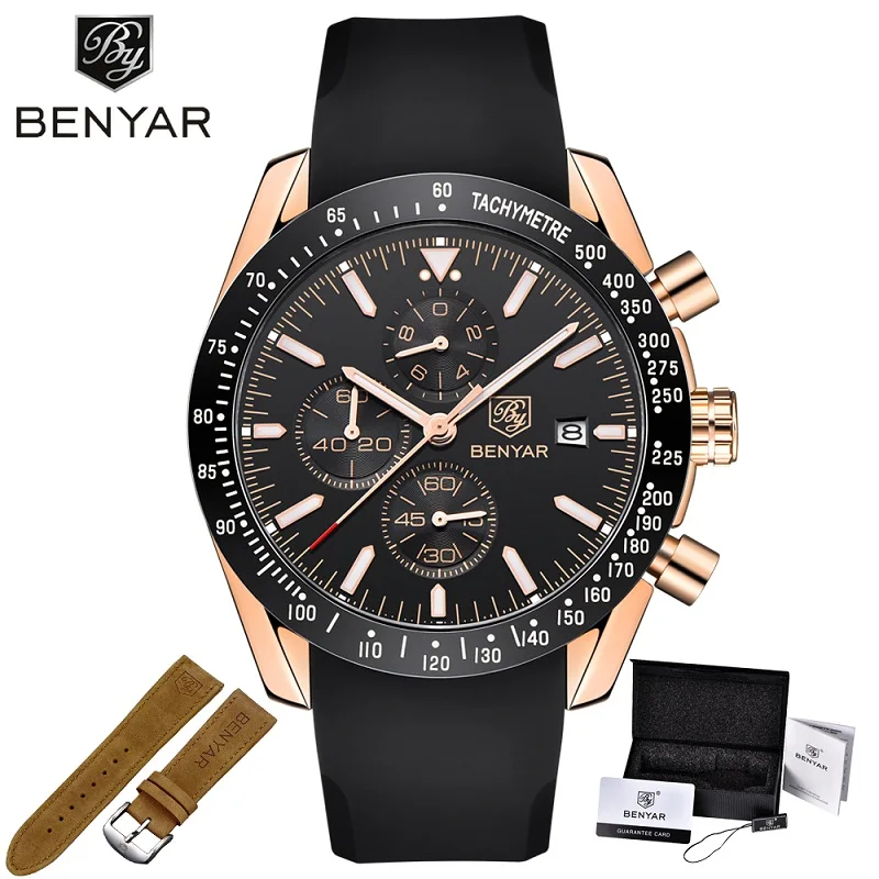 Gold Black As shown BENYAR, мужские часы, брендовые, Роскошные, силиконовый и стальной ремешок, наручные часы, мужские, кожаный Хронограф, кварцевые, военные часы, Relogio Masculino - Цвет: Gold Black As shown