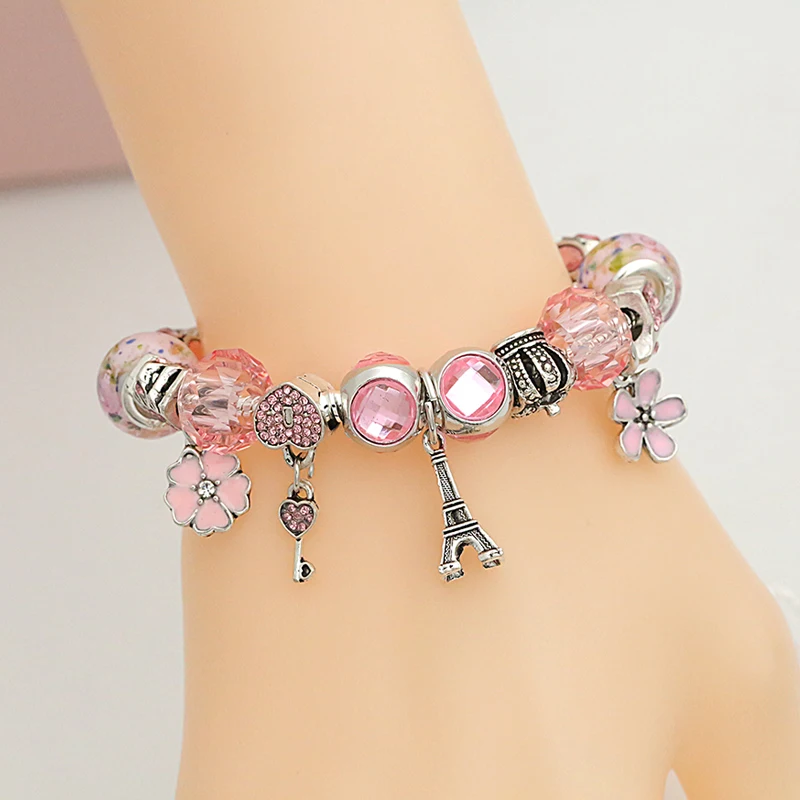 Хит розовый цветок сердце корона очаровательный браслет сделай сам Хрустальный