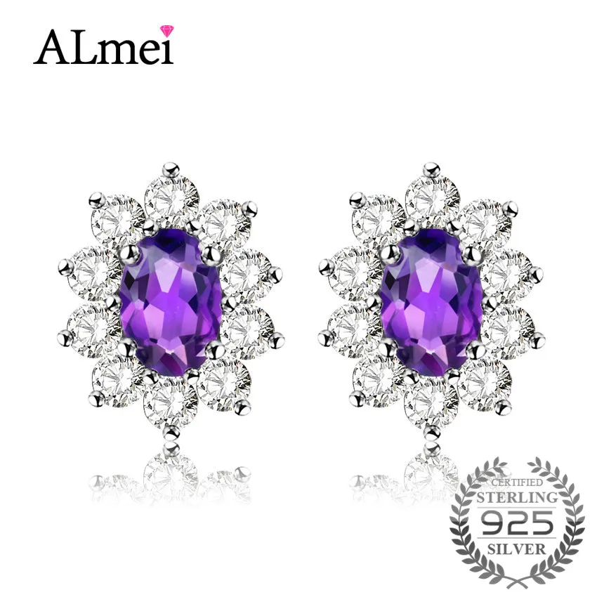 Almei 1ct Amethyst Bridal Stud Earrings for Women 925 Sterling Silver Princess Diana William Fine Jewelry with Box 10% CR002 | Украшения и