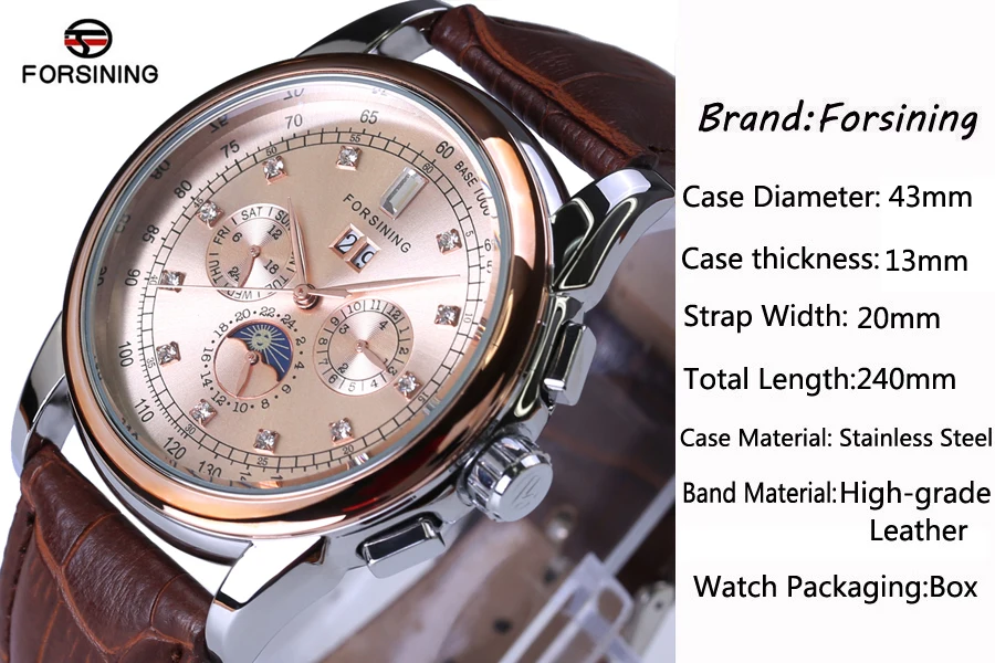 Часы наручные Forsining Мужские механические брендовые Роскошные водонепроницаемые