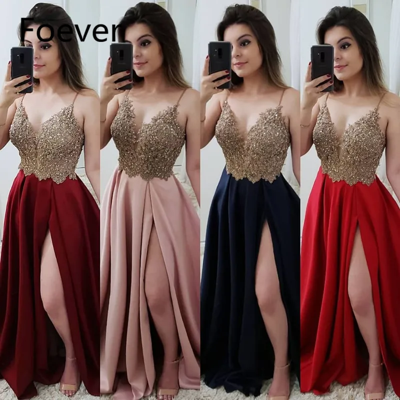 

Vestidos De Gala Sexy Deep V-Neck Side Slit Evening Dresses 2019 Long Elegant Beading Lace Appliques A LineEvening Gowns