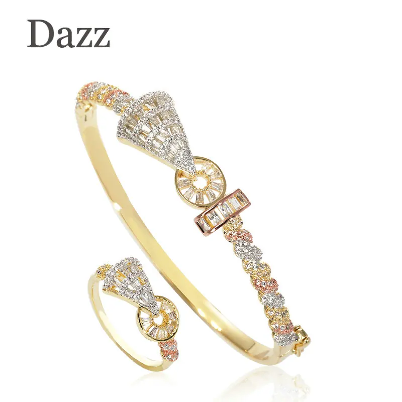 Dazz изысканный полый 3 цвета геометрический циркон медный браслет кольцо