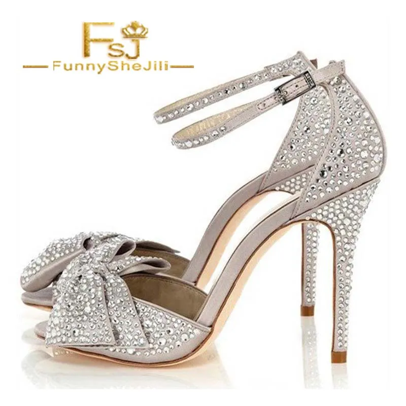 

FSJ Light Grey Crystal Ankle Strap Wedding Sandals Noble Open Toe Stiletto Heel Bow Bridal Rhinestone Women Shoes 2021 Summer