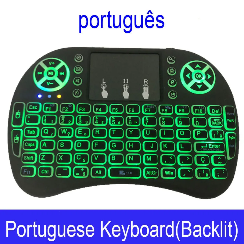 Portuguese Backlit Мини i8 Беспроводная клавиатура 3 цвета с подсветкой 2,4 ГГц Английский Русский французский иврит 7 цветов Сенсорная панель Android tv Box - Цвет: Portuguese Backlit