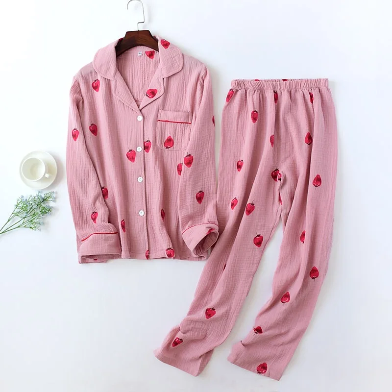 Белая розовая пижама "Клубничка", наборы, женские пижамы, весна-осень, длинные рукава, марля, хлопок, Сексуальные корейские удобные пижамы