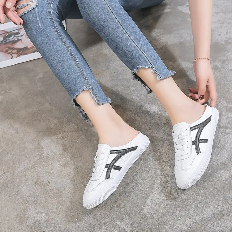 COOLSA Women's Autumn White PU Shoes Casual Striped Flat Slippers Indoor Half Tow Slides Lady Lazy Travel Shoes