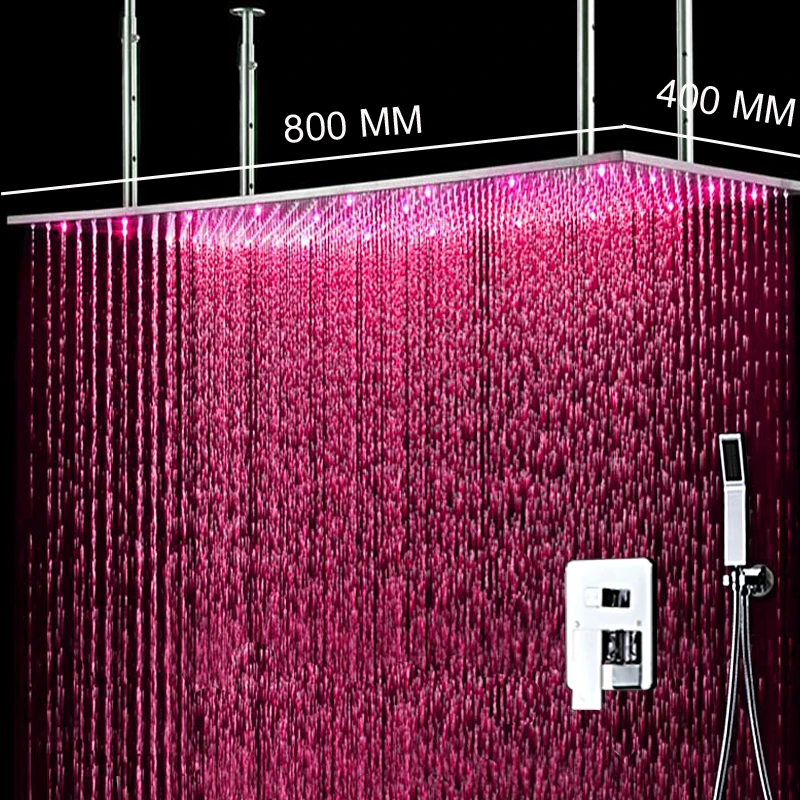 

Rain Shower Set Luxury Ceiling Large Rainfall Shower Panel 304 SUS Brushed Hot and Cold Diverter Valve + Brass Hand Shower