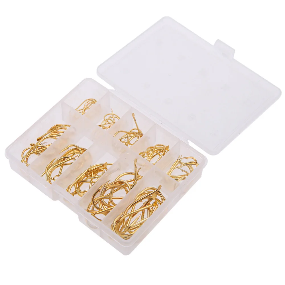 

100PCS 10 Size Carp Fishing Hooks Sharpened Fishing Needle Pesca With Tackle Box 3# to 12# Golden