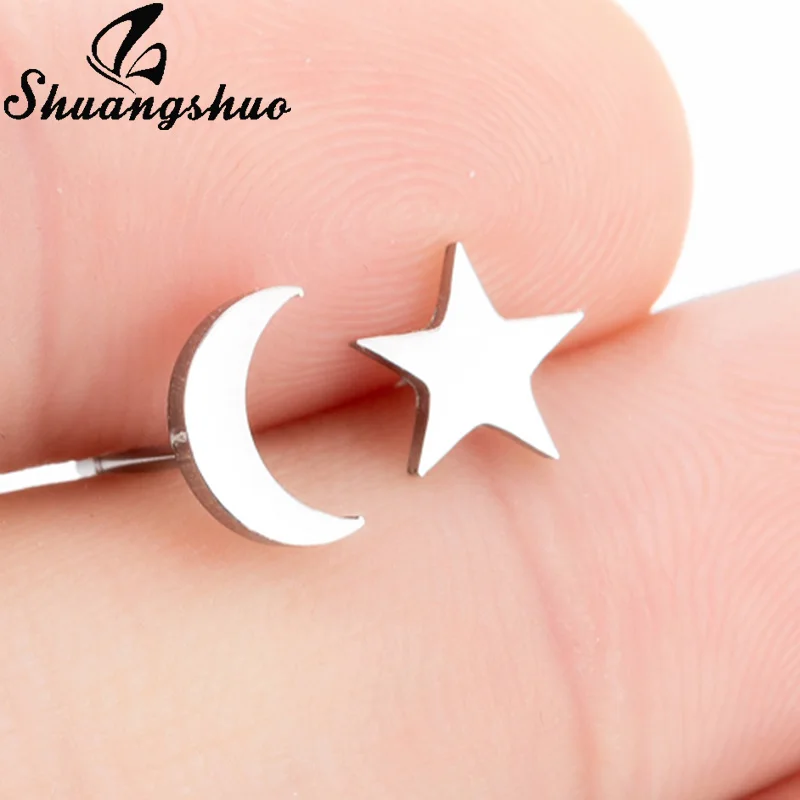 Earrings GED155 Shuangshuo, модные серьги в виде звезды и Луны, серьги для альпинизма, крошечные серьги-гвоздики в виде листьев для женщин, серьги-гвоздики из нержавеющей стали, подарок - Окраска металла: Earrings GED155