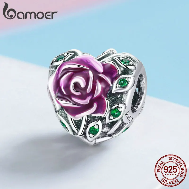 BAMOER, 925 пробы, серебро, романтическая роза, любовь, цветок в форме сердца, Розовая эмаль, подвески, бусины, подходят для браслетов, сделай сам, ювелирное изделие SCC927