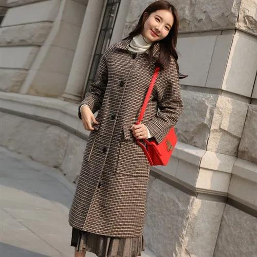 Свободное однобортное женское длинное шерстяное пальто женская клетчатая
