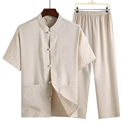 Beige suit Sheng Коко Для мужчин; униформа для тайцзи костюм для выступлений человек Стенд куртка с коротким рукавом костюм Pankou Mianma удобные китайский Комплекты одежды - Цвет: Beige suit