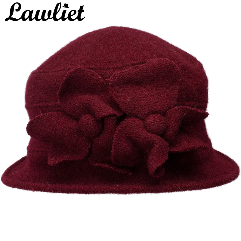 Lawliet, женские зимние шапки, одноцветные, с цветами, теплые, из чистой шерсти, кепка, для девушек, для женщин, Fedoras, Клош, шапки для дам, шапки для церкви, A218