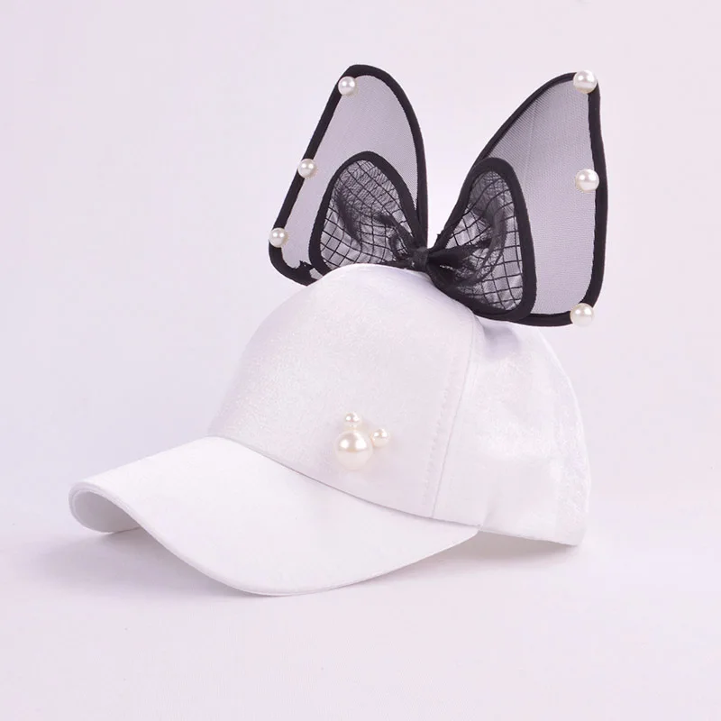 pearl white Детская бейсболка с жемчугом и бантом в стиле хип-хоп детские шляпы от солнца для девочек, дышащие бейсболки с сетчатыми вставками - Цвет: pearl white