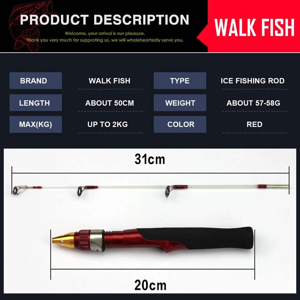 WALK FISH, 2 секции, удочка для подледной рыбалки, легкая зимняя Удочка 50 см, мини-Кормушка для подледной рыбалки, удочка для креветки, vara de Pesca