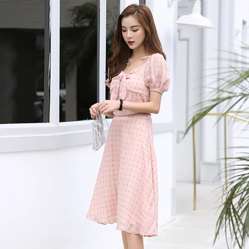 Slash шеи Пышный рукав бант в горошек модная одежда повседневном стиле