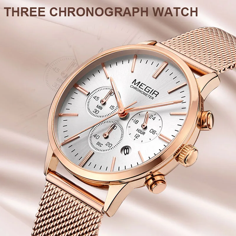 Megir часы спортивные женские модные из нержавеющей стали с хронографом белого