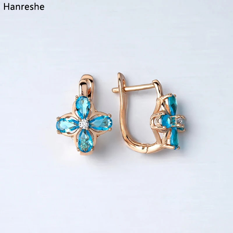 HANRESHE, синие серьги из прозрачного камня, медные серьги-гвоздики, заполненные розовым золотом, женские круглые серьги, модный подарок для ювелирных изделий