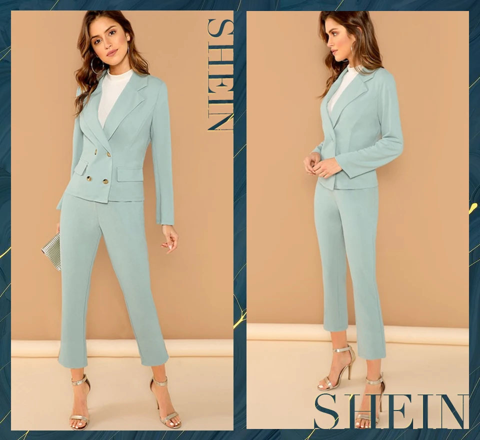 SHEIN Стильный Офисный Костюм, Жакет С Длинным Рукавом И Брюки, Однотонный Комплект
