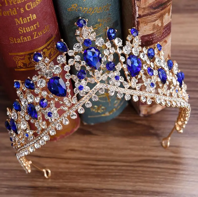 Свадебная тиара KMVEXO, тиара с красными/зелеными кристаллами - Metal color: Gold Blue
