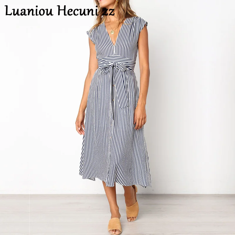 Chu Ni V neck striped dress women Summer bow sashes buttons cotton plus size female dresses Casual vintage long green vestidos | Женская