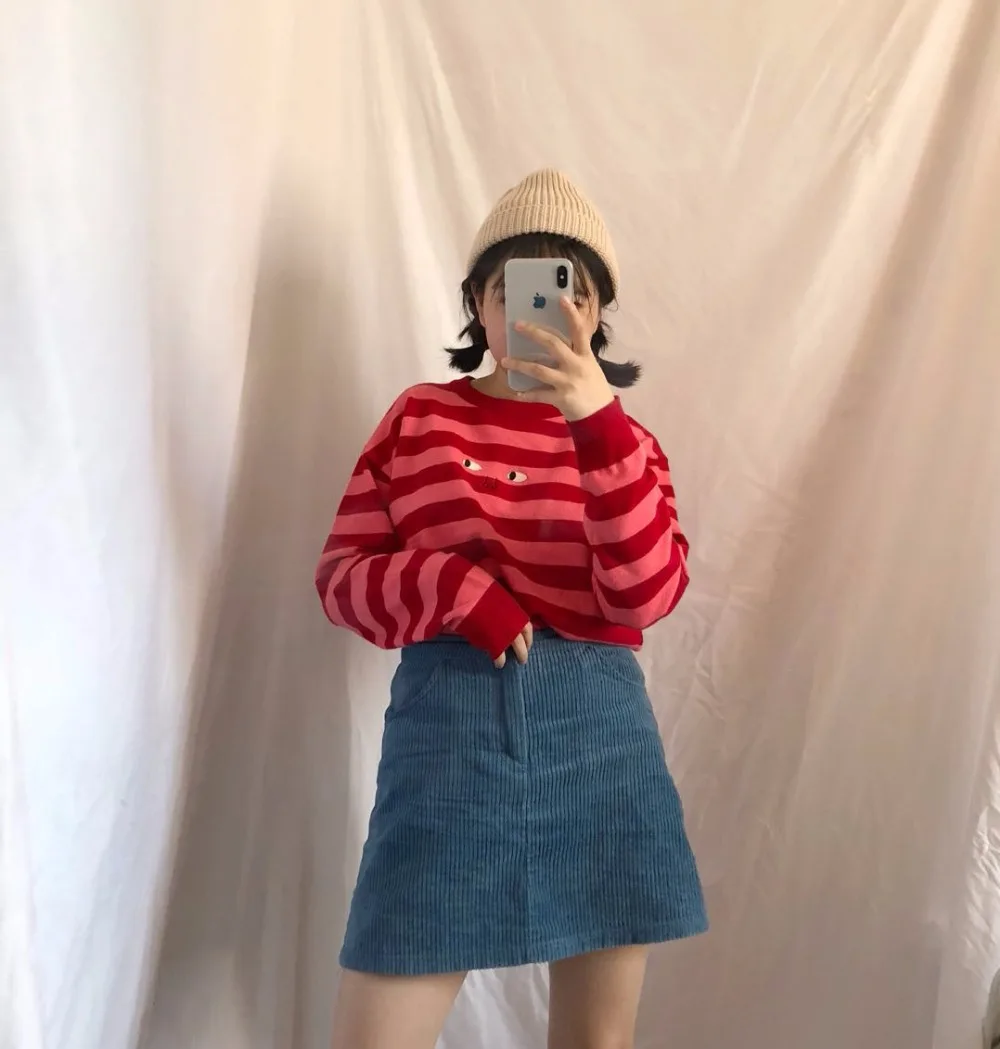 Kawaii сладкий милый pull femme красный полосатый мультфильм глаза вышивка свитер свободный вязаный свитер женский
