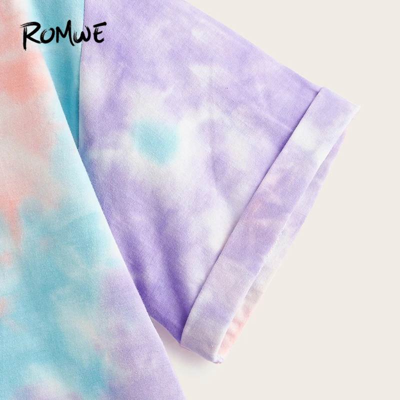 ROMWE, разноцветная футболка с надписью Tie Dye, женская летняя футболка, круглый вырез, короткий рукав, футболки в стиле бохо, Повседневная Уличная одежда, топы