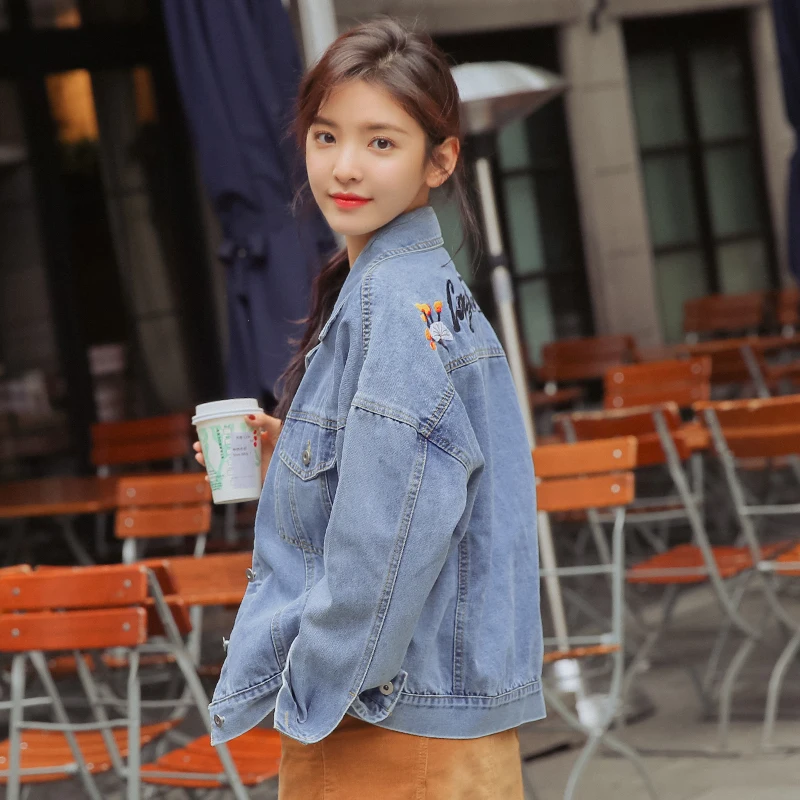 

2021 Autumn Women's Denim Jackets Fashion Letters Embroidery Oversized Jeans Jacket Ladies Casual Coats femme