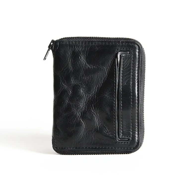 Black Genuine Leather Wallet For Men Mens Luxury Brand Designer Vintage Cowhide Small Short Zipper Wallets Purse Card Holder For Male - Color: Black