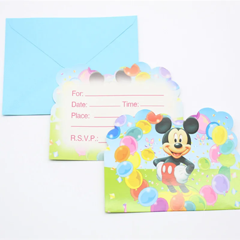 Invitation Card 6pcs Одноразовые вечерние столовые приборы с изображением Микки Мауса, животных, синего цвета, Детская салфетка для душа, поднос, Подарочный пакет, пригласительная карта - Цвет: Invitation Card 6pcs