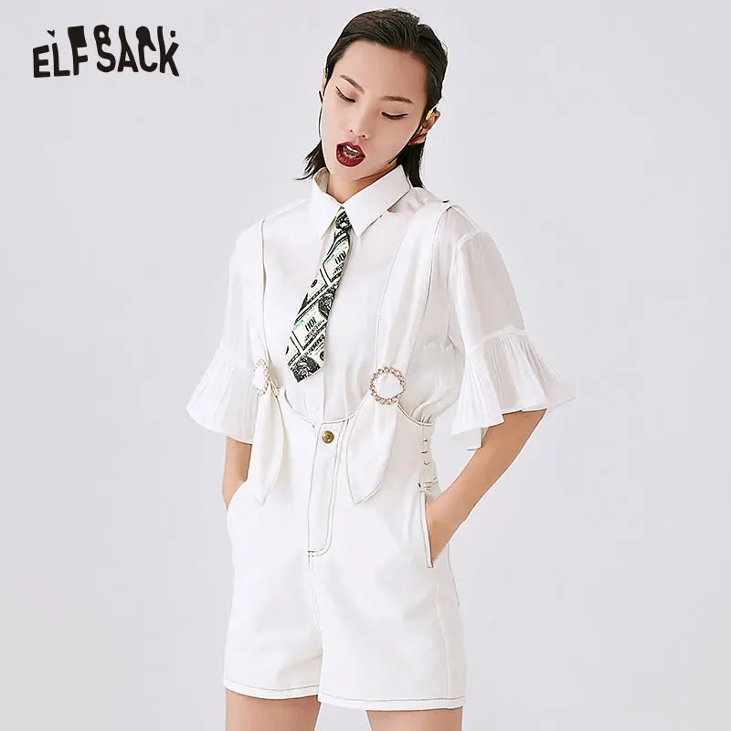 Женские джинсовые комбинезоны ELF SACK белые летние со стразами однотонные короткие