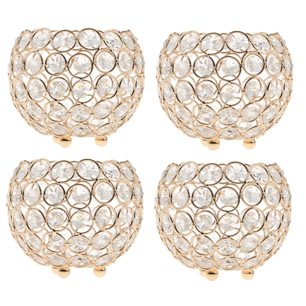 4Pcs 10cm Crystal Bowl Tea Light Candle Holder Wedding Banquet Decor _Gold | Candles