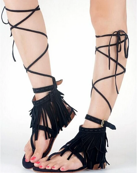 Женские замшевые босоножки на шнуровке черные или Коричневые в этническом стиле