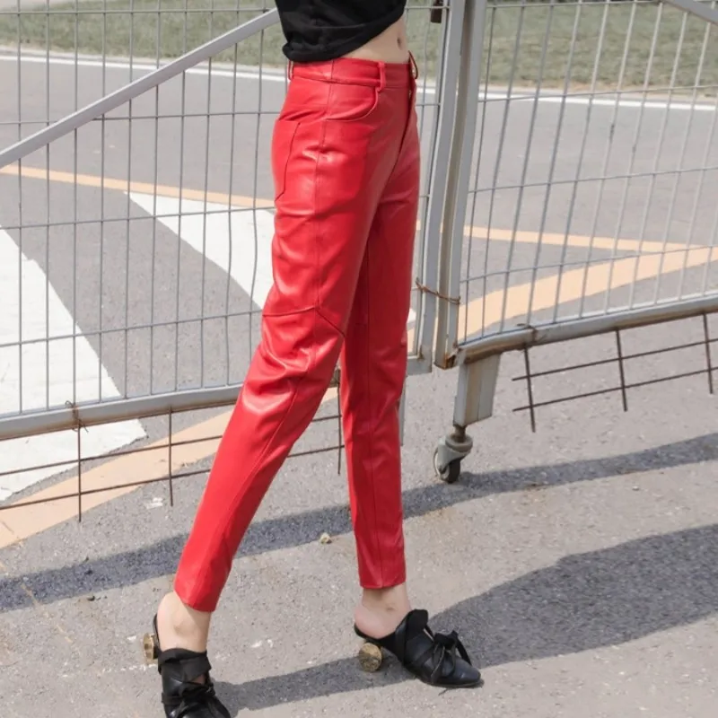 Брюки женские из натуральной овечьей кожи узкие модные брюки-карандаш до