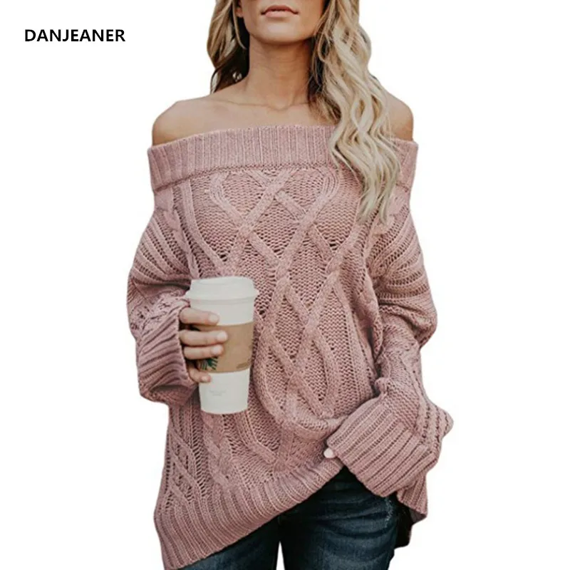 Danjeaner Women Sexy Off Shoulder Sweater Loose Cable Knitting Plus Size Long Pullover Female Thick Coarse Knitted Winter Jumper | Женская