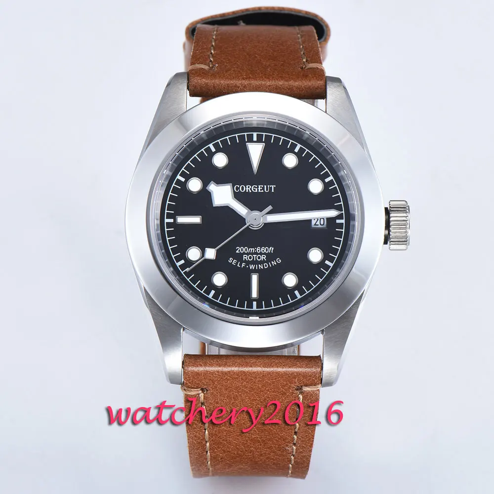 41mm Corgeut Black Dial Luminous Hands Leather Deployment Bucket SS Case Complete Calendar Miyota Automatic Movement Men's Watch |