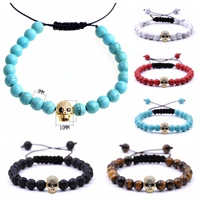 10pcs wholesales adjustable natural crystal stone bead bracelet female micro cz skull charm braiding macrame bangle for women