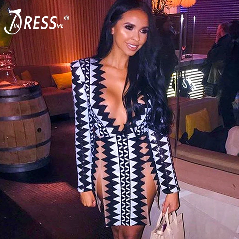 Женское облегающее платье INDRESSME Клубное с блестками глубоким v образным вырезом и