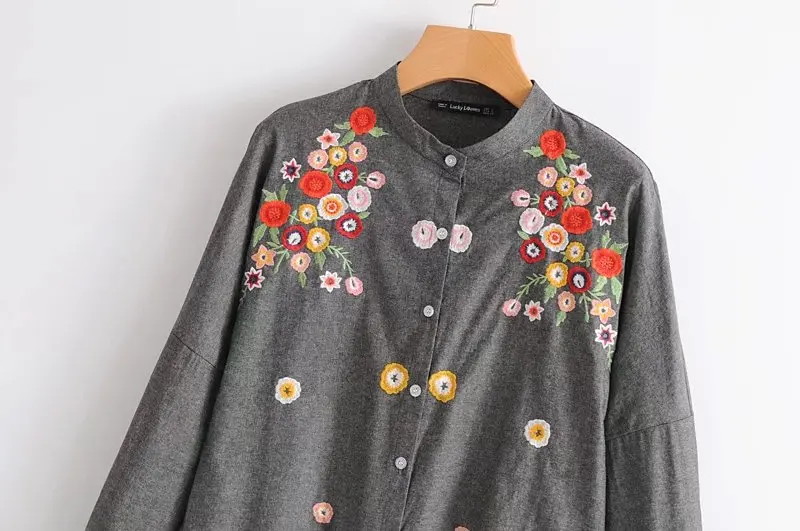 Женская блузка с цветочной вышивкой серая рубашка o-образным вырезом и длинным