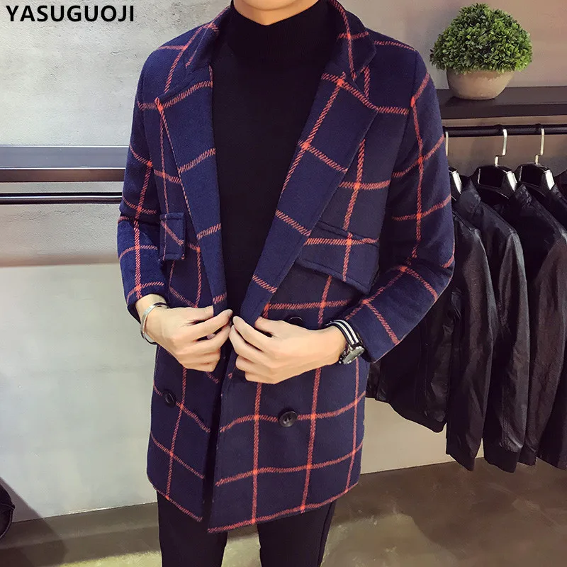 YASUGUOJI новинка 2019 модное клетчатое пальто для мужчин зимнее шерстяное приталенное
