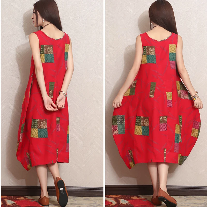 Женское платье в клетку Johnature повседневное винтажное из хлопка и льна без рукавов