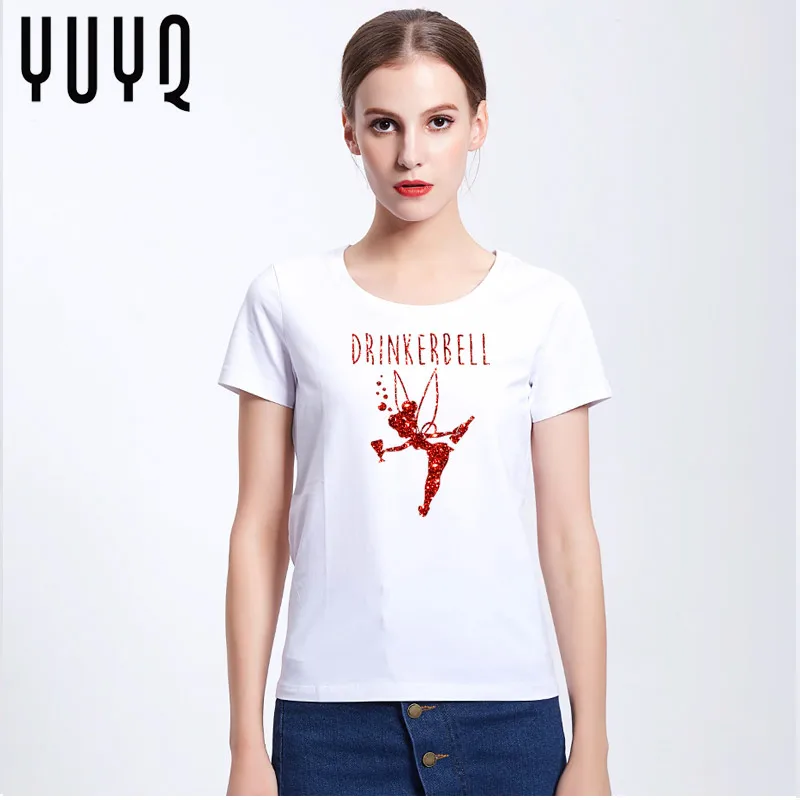 Модные женские туфли Футболка с принтом букв drinkerbell забавная короткий рукав для