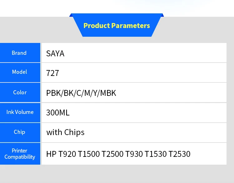 SAYA HP 727 Compatible Ink Cartridge 300ML For HP DesignJet T920 T2500 T930 T1530 T2530 T1500 Printer(PBK C M Y GY MBK